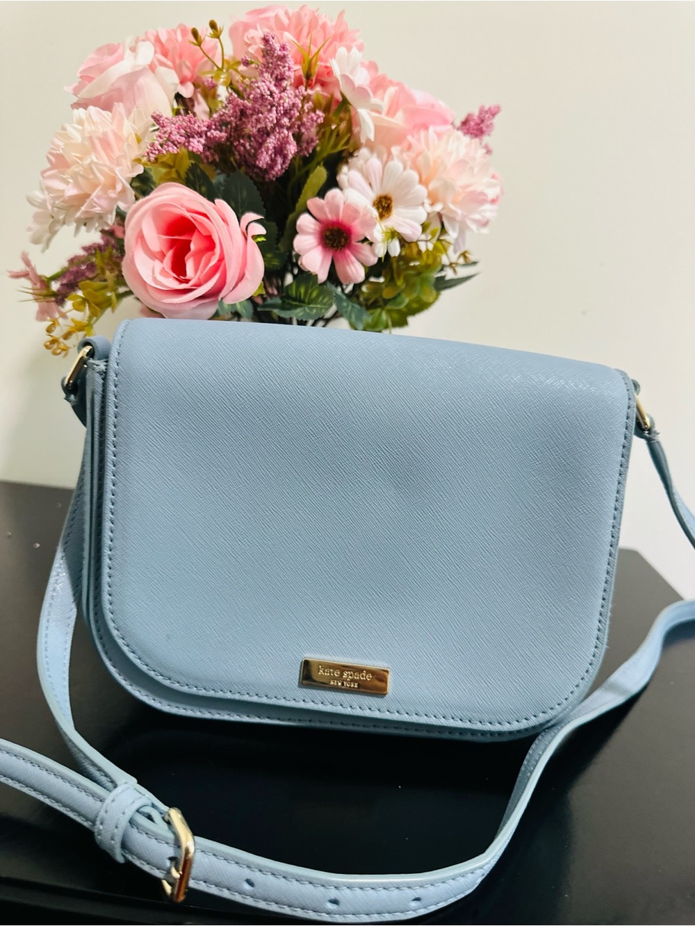 kate spade Light Blue Saffiano Crossbody with Gold Plaque - Picture 1 of 5